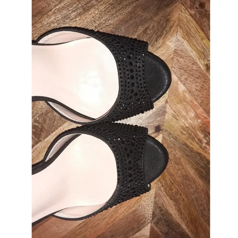 SOLD DREAM PAIRS Black Pearl Shine Swan Platform Pump Peep Toe High Heels - 5 in - Picture 7 of 16